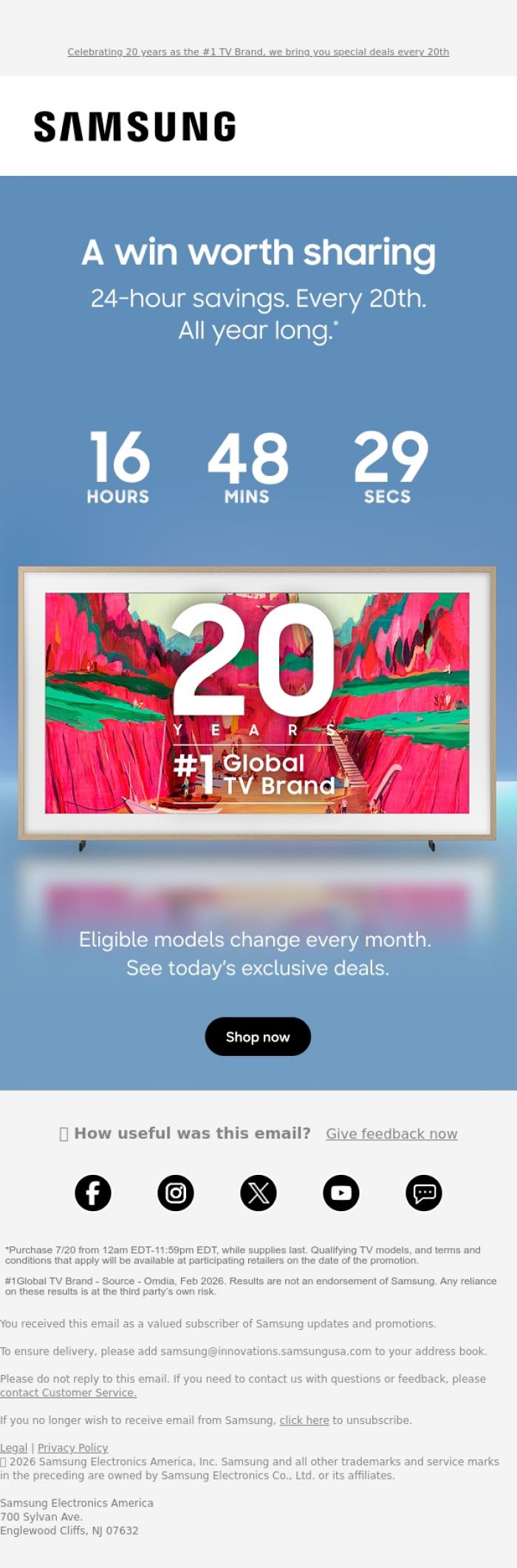 Email Design Inspiration from Samsung,     🎉 John, 24-hour TV savings are here!    