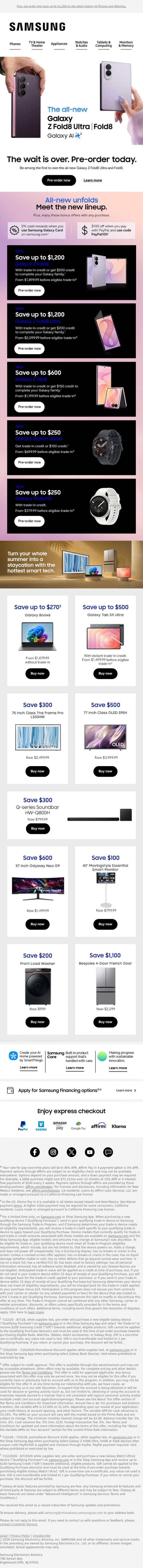 Email Design Inspiration from Samsung, John, we've missed you. Save up to $1,100 before your epic staycation slips away.