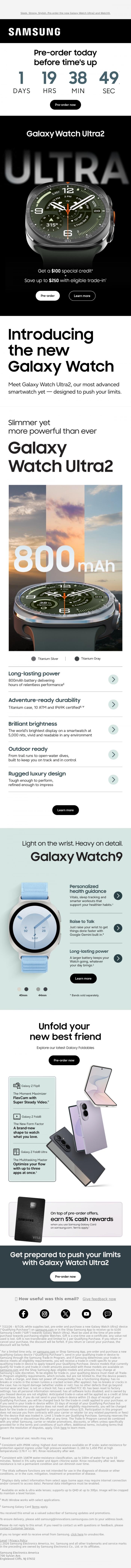 Email Design Inspiration from Samsung, John, get a $100 credit on the new Galaxy Watch Ultra2 today
