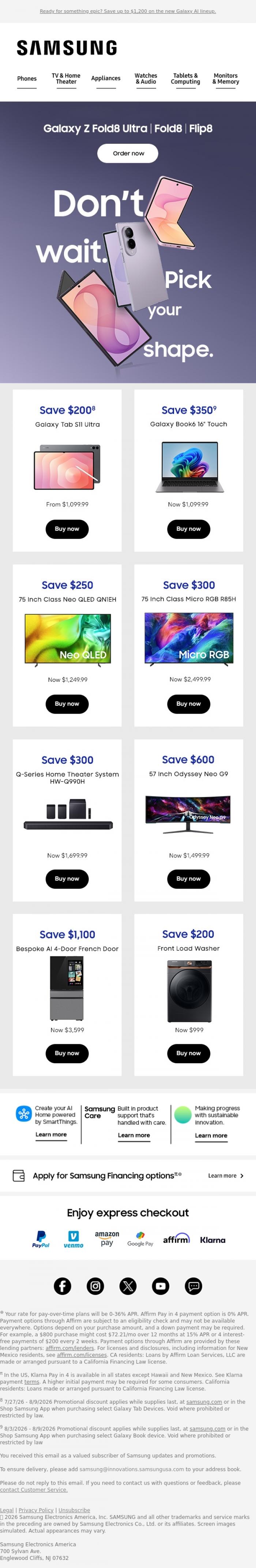 Email Design Inspiration from Samsung, John, take another look. Save up to $1,100 on TVs, monitors and more.