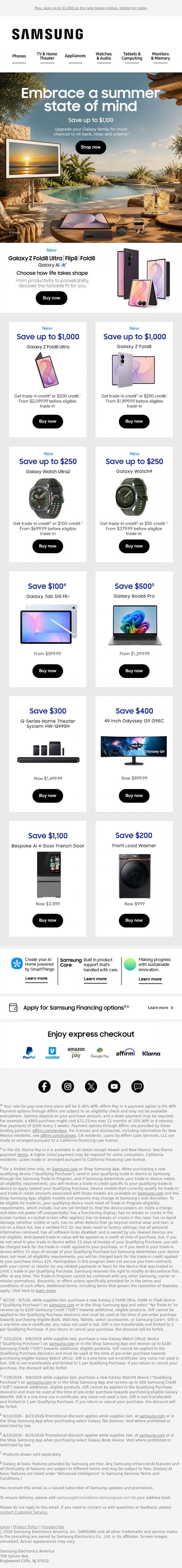 Email Design Inspiration from Samsung, John, come back. Your carefree summer awaits. Save up to $1,100 on TVs, PCs, monitors and more.