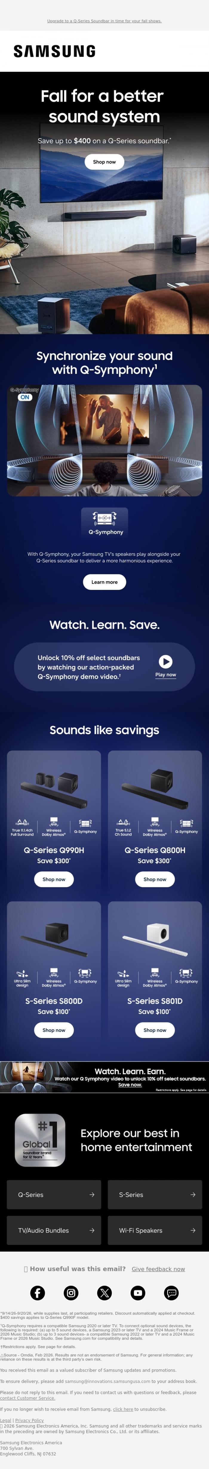 Email Design Inspiration from Samsung,     John, autumn drops leaves. We drop prices. Save up to $400 on a new soundbar 🍂    