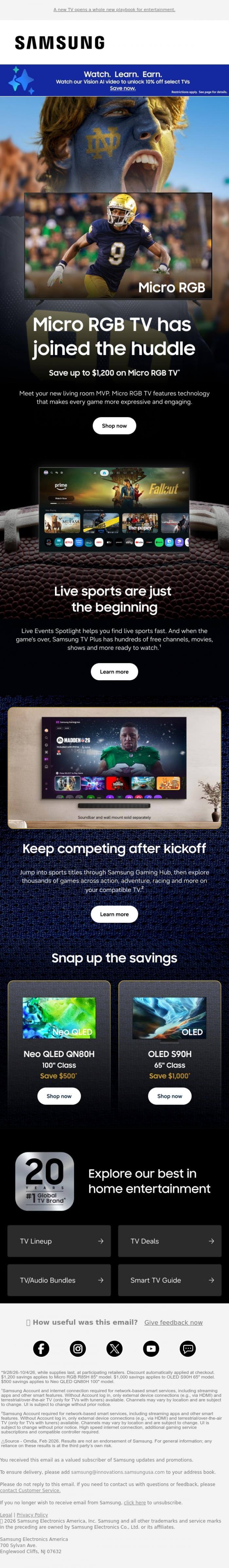 Email Design Inspiration from Samsung,     John, add a star player to your roster with up to $1,200 off a new Micro RGB TV ⭐    