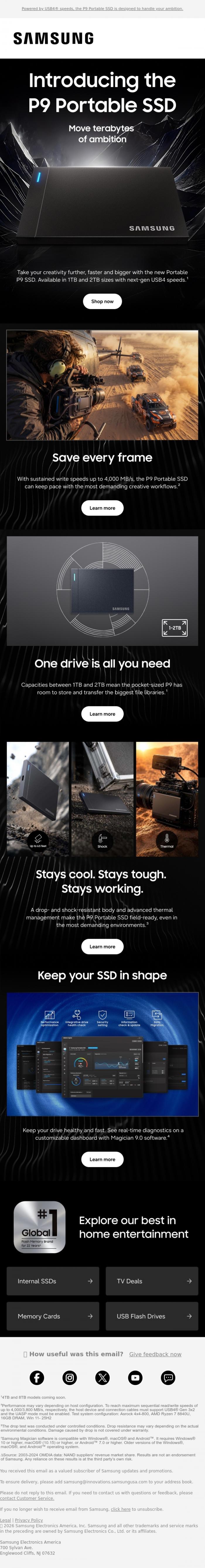 Email Design Inspiration from Samsung,     John, peak creativity meets performance in the all-new P9 Portable SSD ✨    