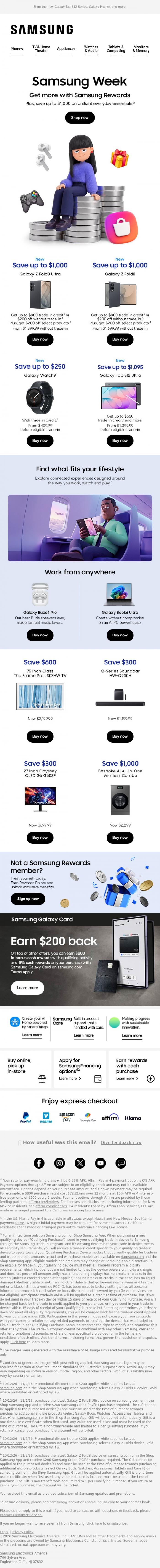 Email Design Inspiration from Samsung, John, reward yourself. Save up to $1,000 this Samsung Week on AI tech for smarter living.