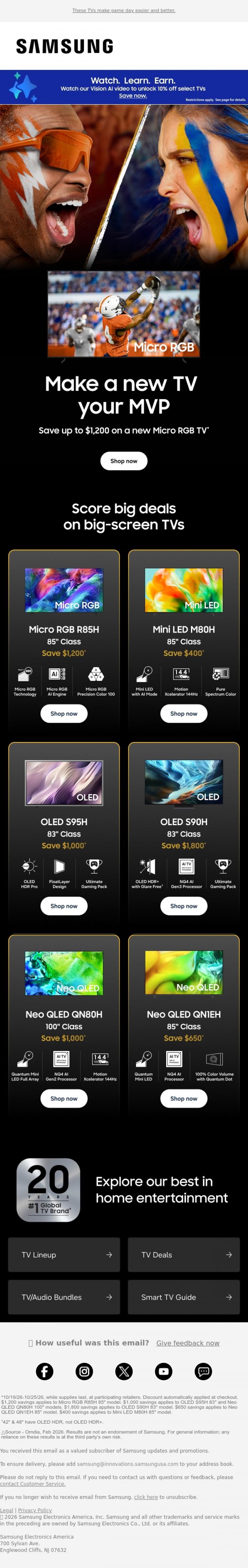 Email Design Inspiration from Samsung,     John, up to $1,200 off better football and a smarter home with a new TV ✨    