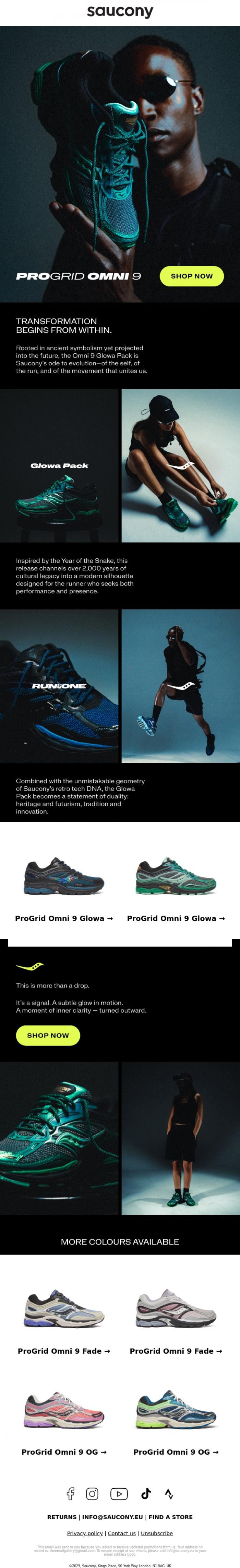 Email Design Inspiration from Saucony, ProGrid Omni 9 Glowa Pack