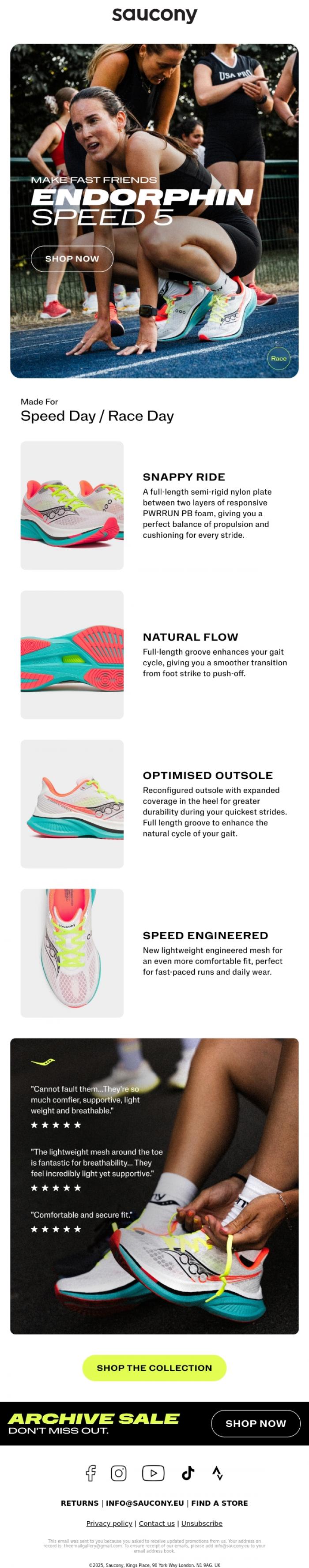 Email Design Inspiration from Saucony, It's fast. It's light.