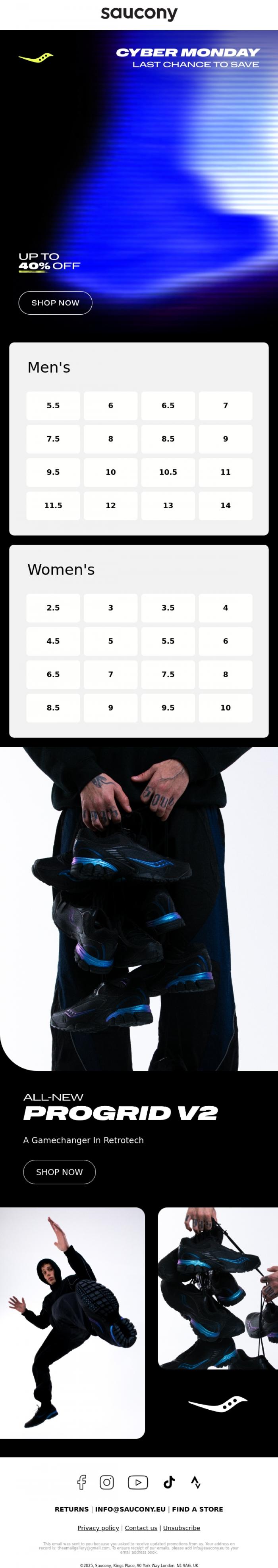 Email Design Inspiration from Saucony, CYBER MONDAY: LAST DAY for big savings⏳