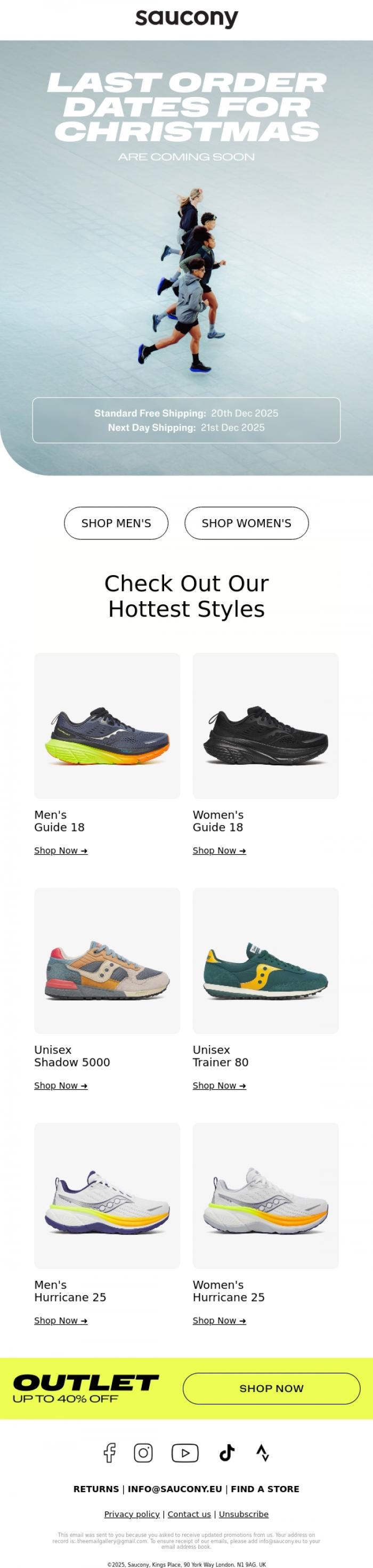 Email Design Inspiration from Saucony, Last order dates for Christmas 🚨