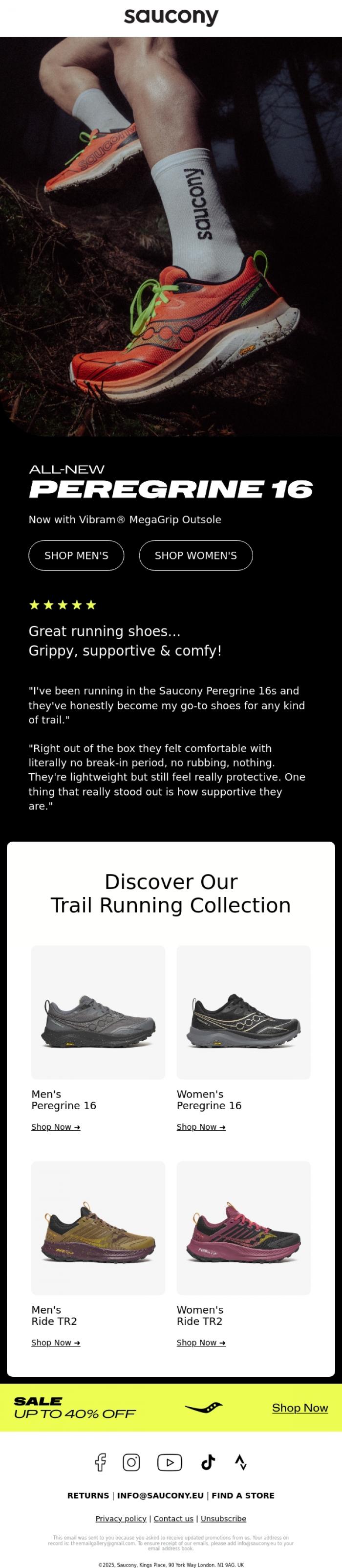 Email Design Inspiration from Saucony, Peregrine 16 - Now with Vibram&reg; MegaGrip