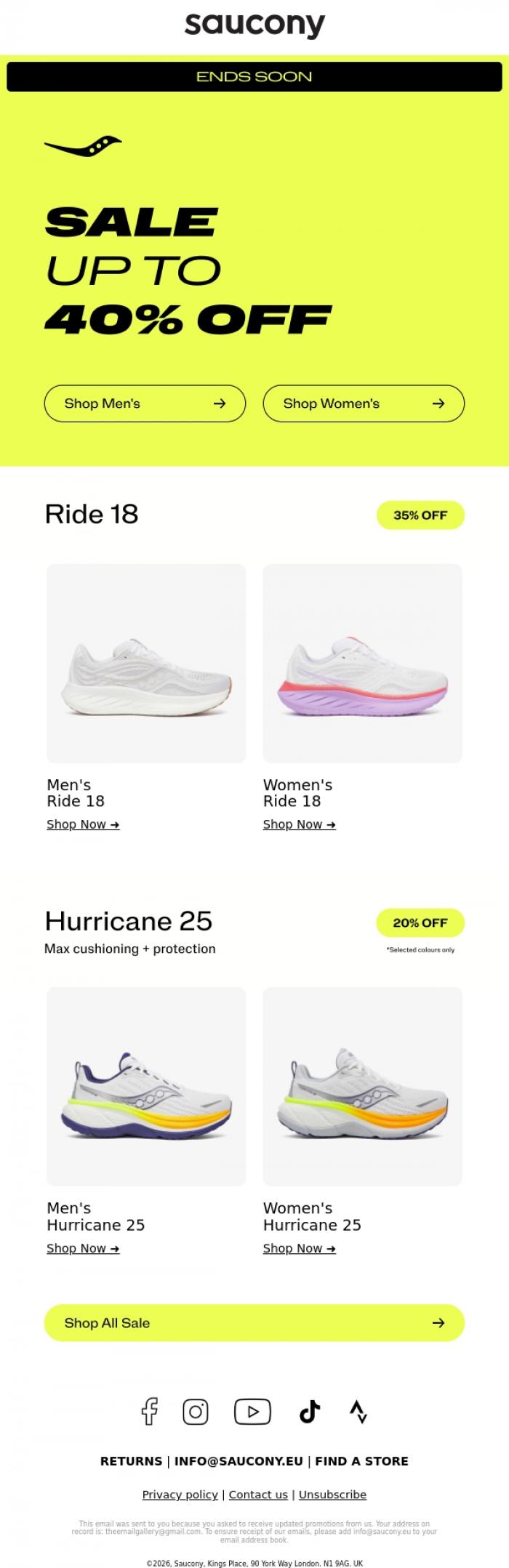 Email Design Inspiration from Saucony, Sale ends soon, don't miss out!