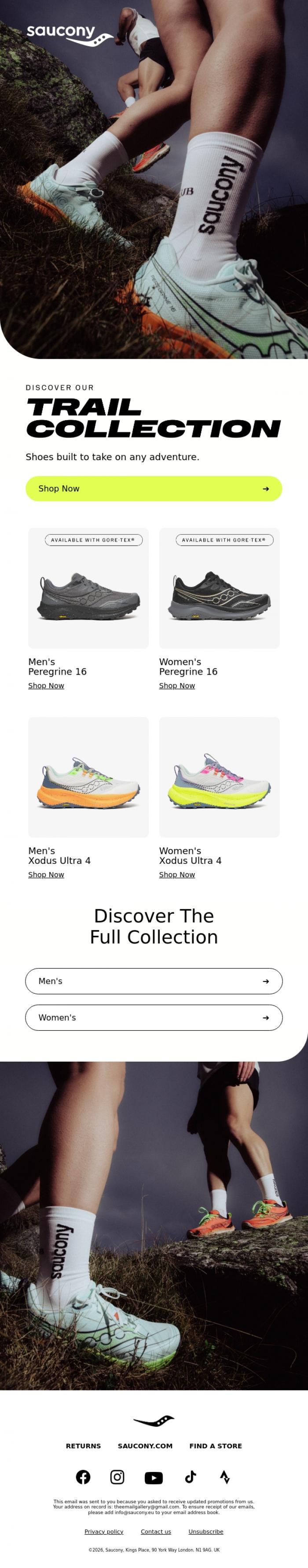 Email Design Inspiration from Saucony, Shoes built to take on any adventure.