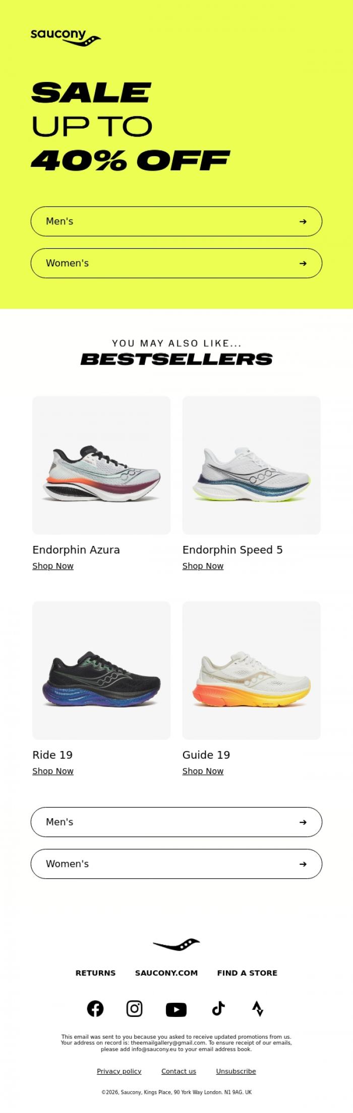 Email Design Inspiration from Saucony, Good news! Sale is here...