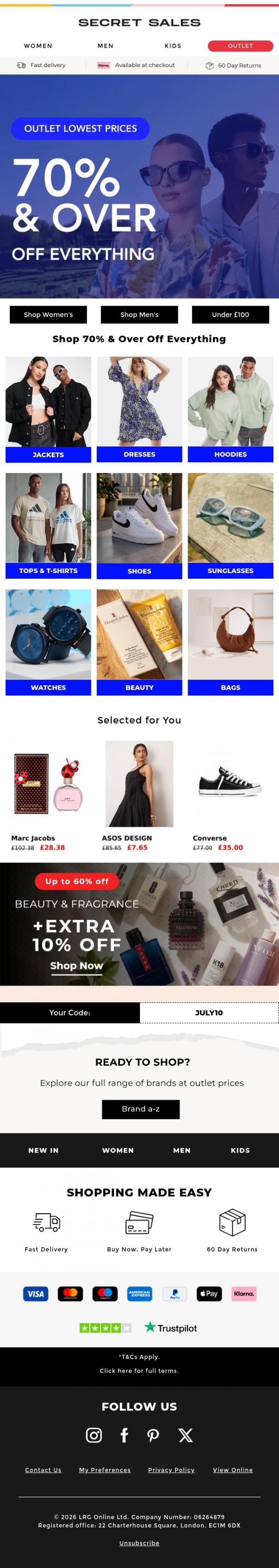 Email Design Inspiration from Secret Sales, Outlet: 70% & Over Off Everything