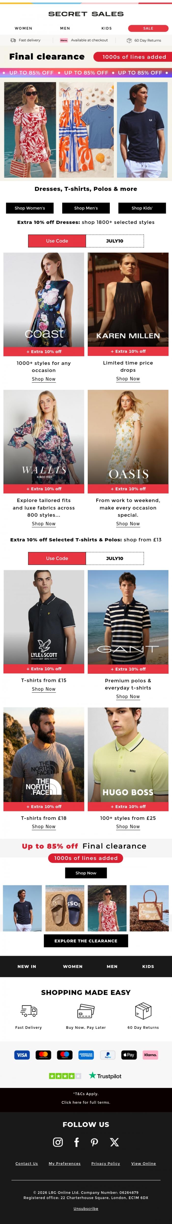Email Design Inspiration from Secret Sales, Extra 10% off Selected Dresses & T-shirts
