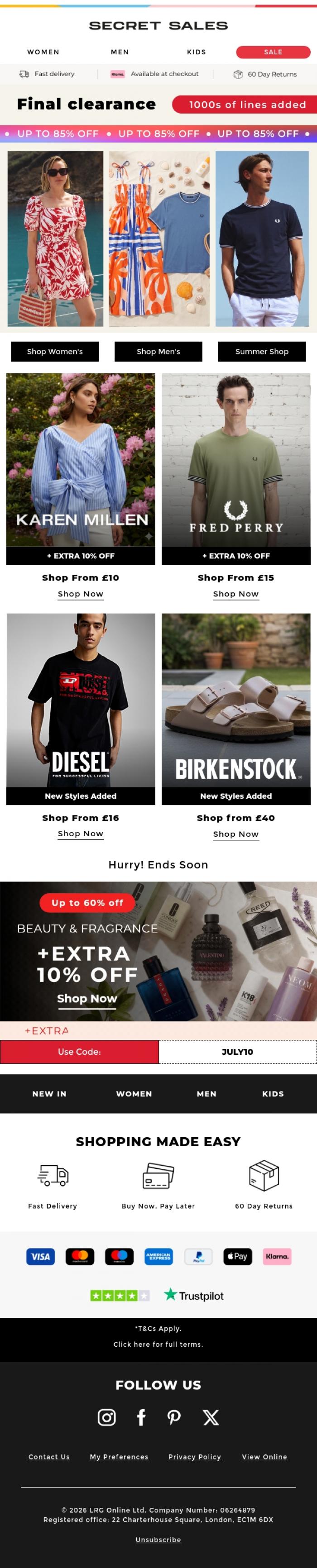 Email Design Inspiration from Secret Sales, Final Clearance: Save Across 1000s of Lines