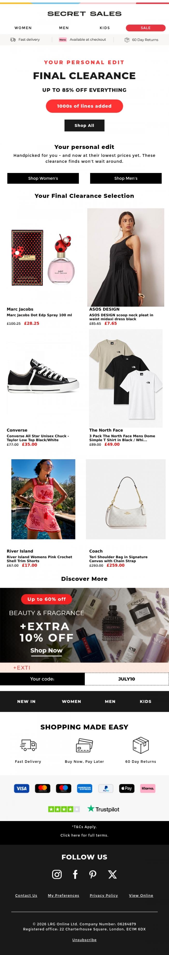 Email Design Inspiration from Secret Sales, Your final clearance edit, up to 85% off