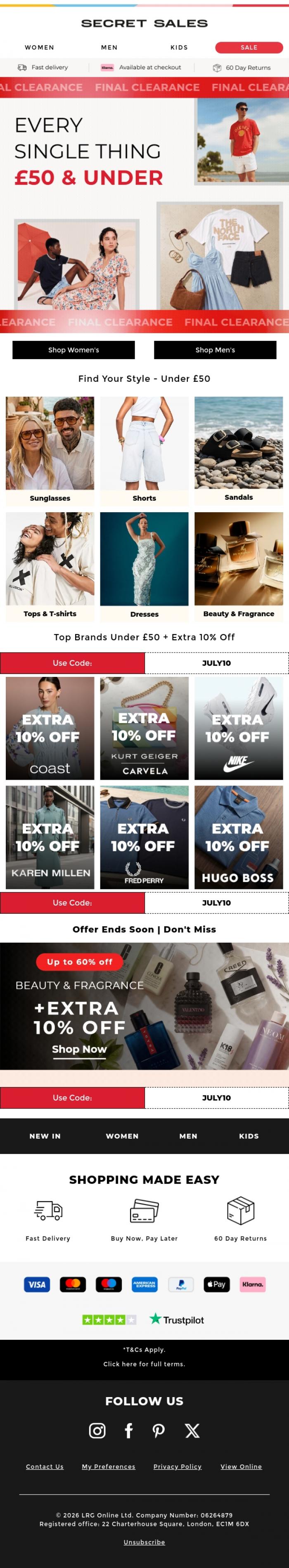 Email Design Inspiration from Secret Sales, Save More: Final Clearance Under &pound;50