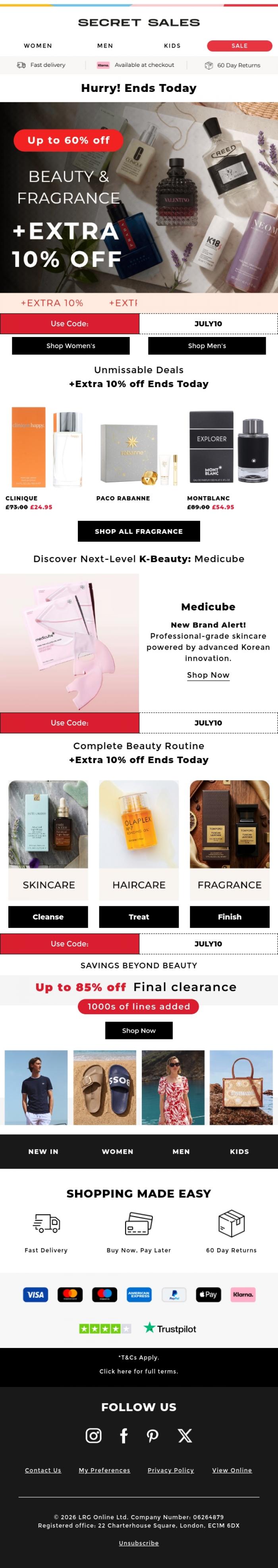 Email Design Inspiration from Secret Sales, Ends Today: Extra 10% off Beauty & Fragrance