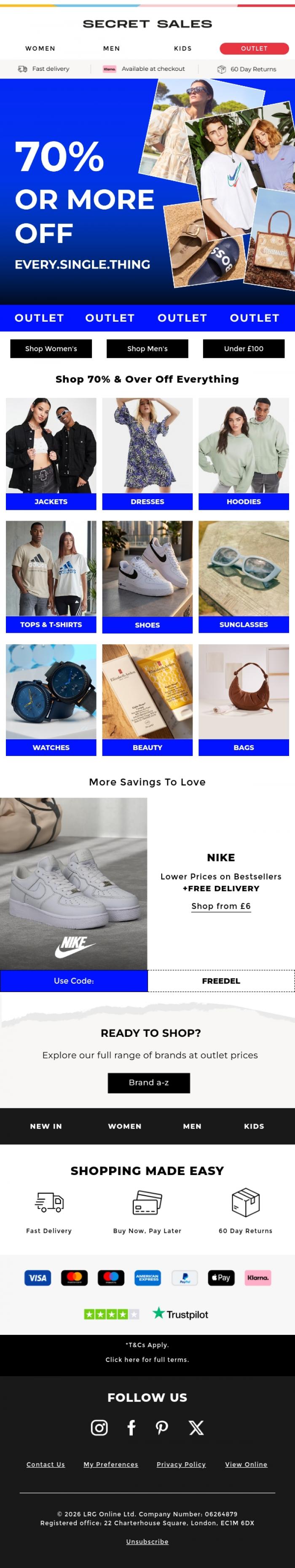 Email Design Inspiration from Secret Sales, Outlet: 70% & Over Off Everything