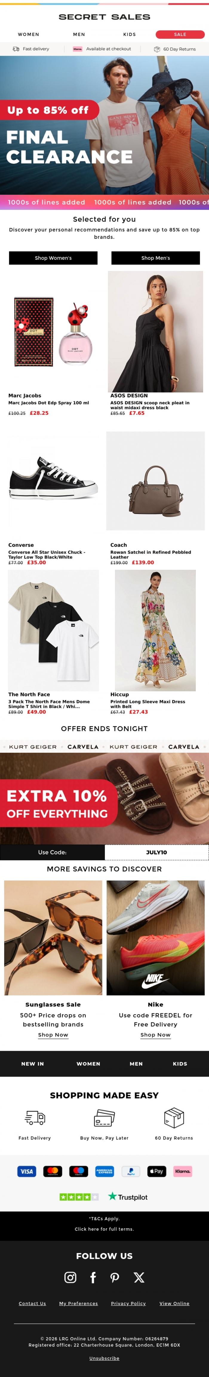 Email Design Inspiration from Secret Sales, Selected for you: up to 85% off. Final clearance.