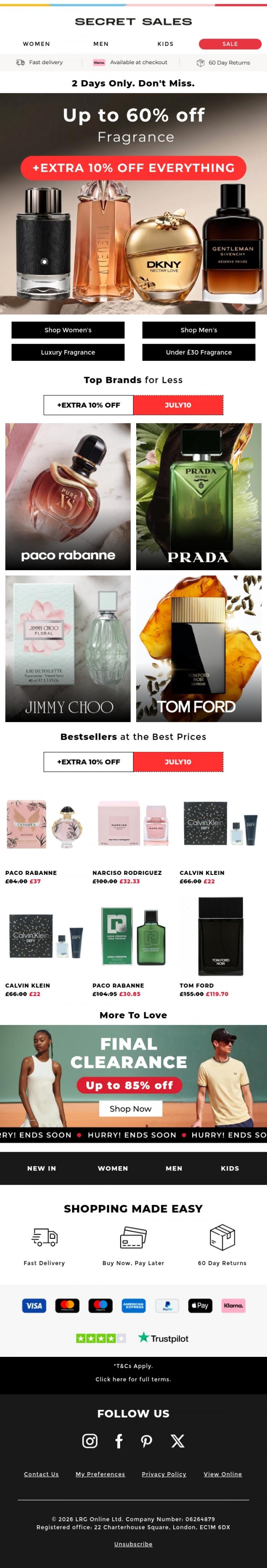 Email Design Inspiration from Secret Sales, Extra 10% Off All Fragrance ✨