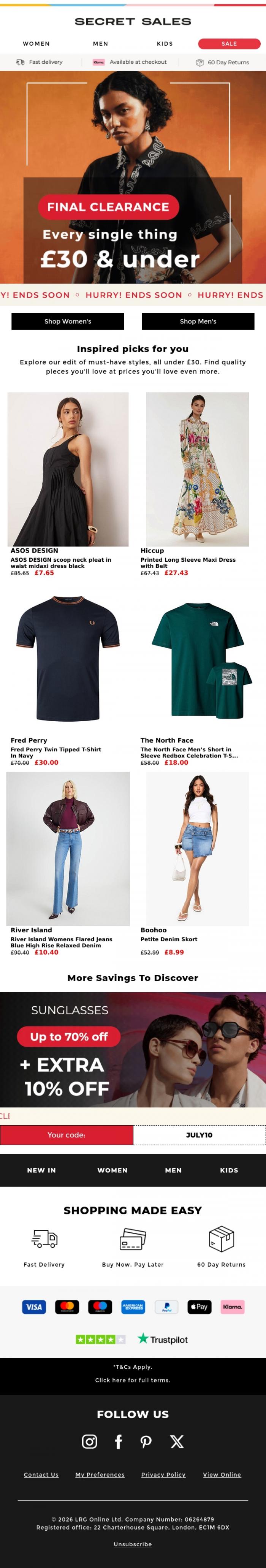 Email Design Inspiration from Secret Sales, Every Single Thing &pound;30 & Under | Hurry, clearance ends soon!