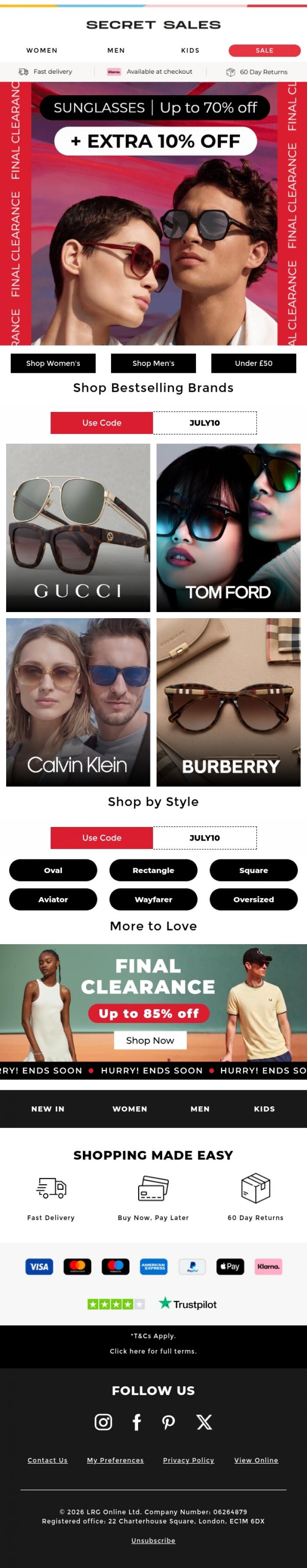 Email Design Inspiration from Secret Sales, 🕶️ Final Clearance on Sunglasses + Extra 10% Off