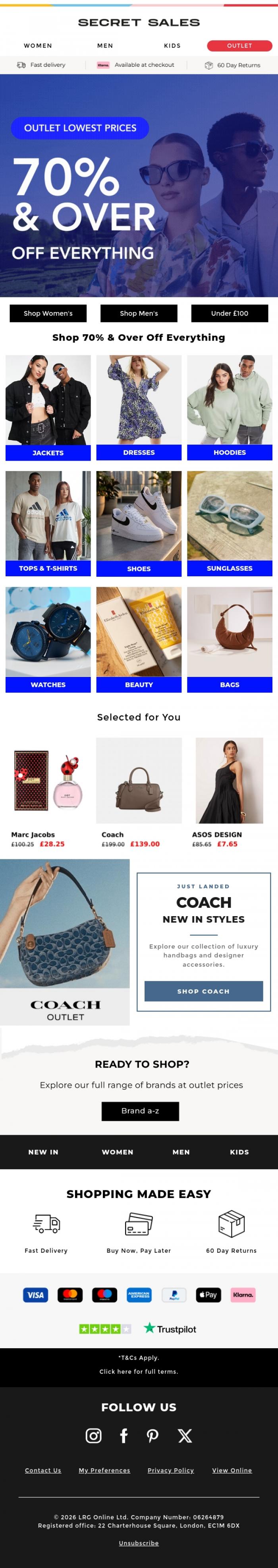 Email Design Inspiration from Secret Sales, Outlet Lowest Prices: 70% & Over Off Everything