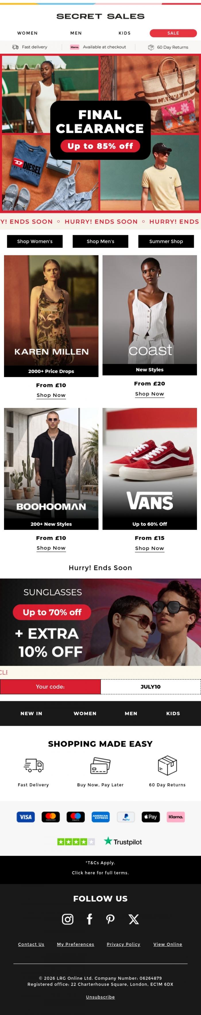 Email Design Inspiration from Secret Sales, These Deals Won't Last | Final Clearance Up to 85% Off