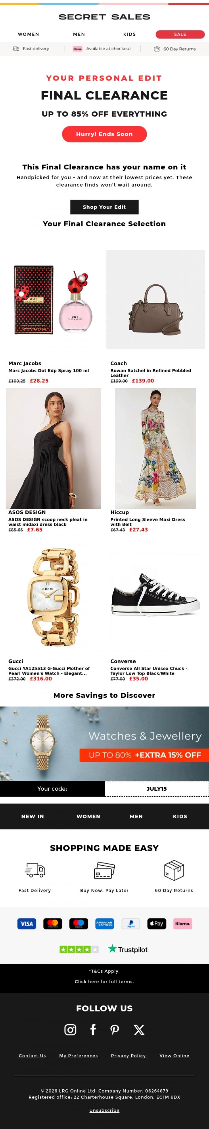 Email Design Inspiration from Secret Sales, Your Final Clearance edit is ready | Up to 85% Off