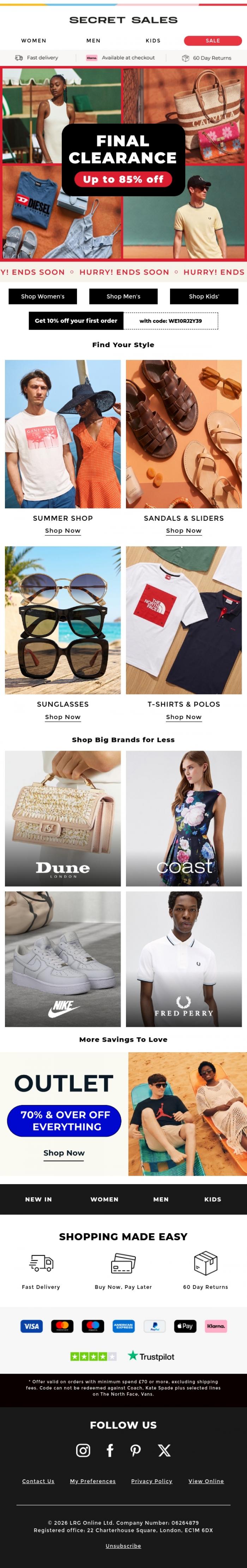 Email Design Inspiration from Secret Sales, Big brands, bigger savings: Take an extra 10% off your first order ✨