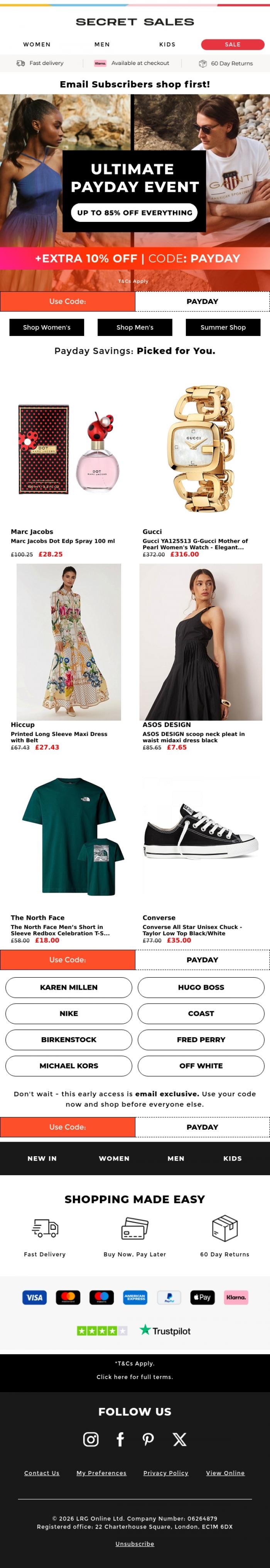 Email Design Inspiration from Secret Sales, Extra 10% off Payday? It's early access time!