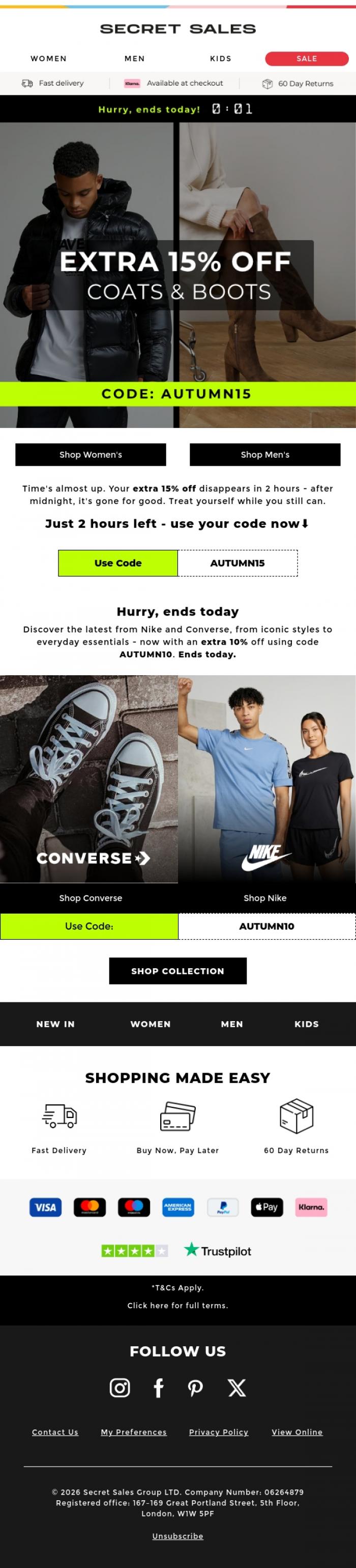 Email Design Inspiration from Secret Sales, Last 2 Hours to use your Extra 15% off code