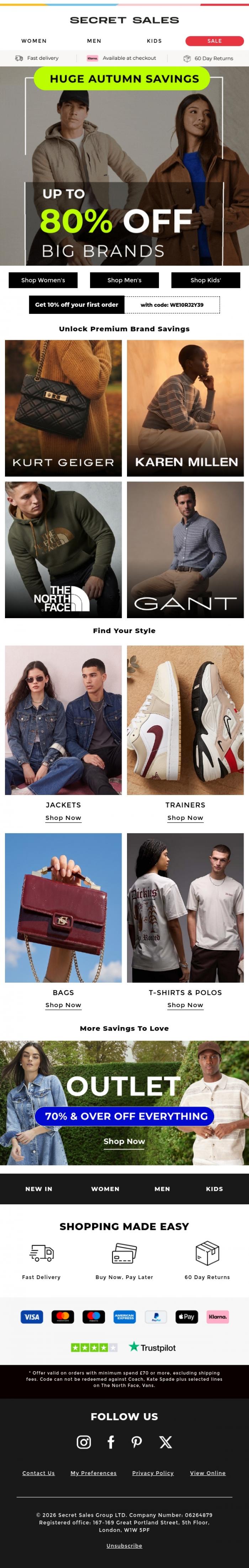 Email Design Inspiration from Secret Sales, We saw you looking! ✨ Take an extra 10% off our Huge Autumn Sale
