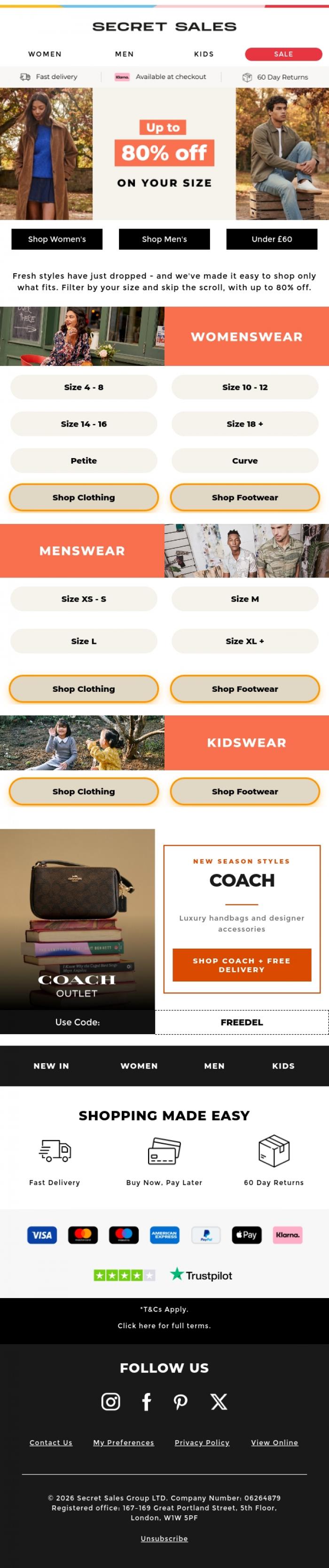 Email Design Inspiration from Secret Sales, Your size, up to 80% off | Plus another offer for you inside