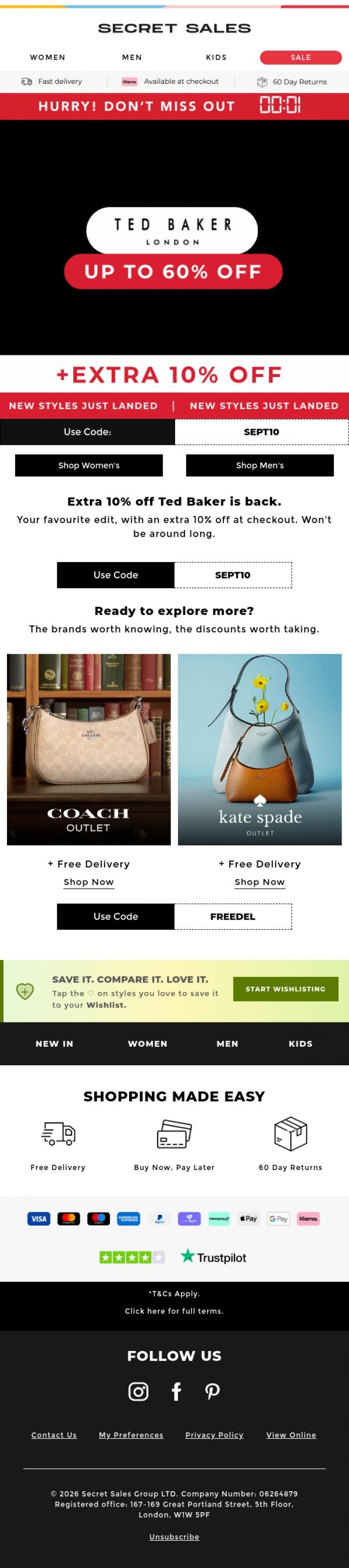Email Design Inspiration from Secret Sales, Ted Baker is back, and so is your 10% off