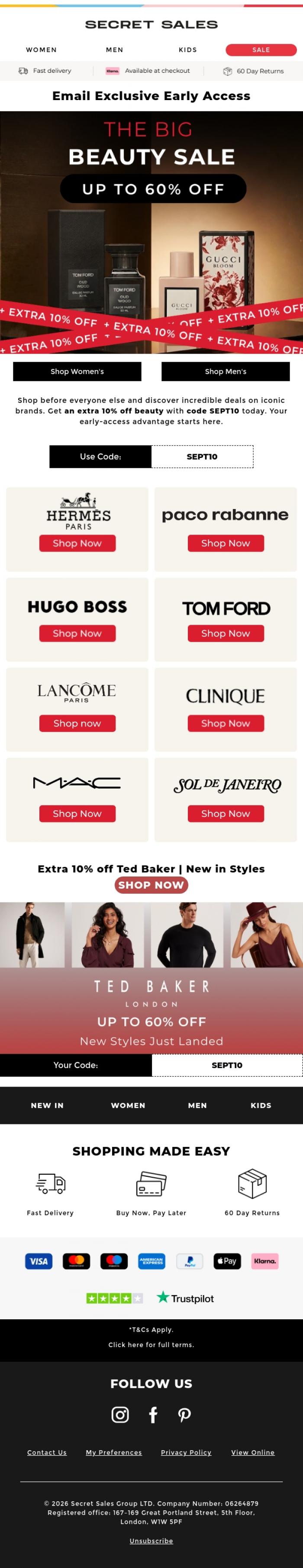 Email Design Inspiration from Secret Sales, Extra 10% Off: Your Early Access to the Beauty Sale