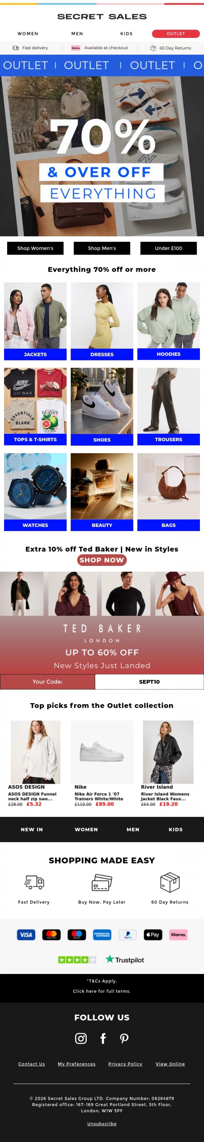 Email Design Inspiration from Secret Sales, The Outlet: everything 70% off or more today