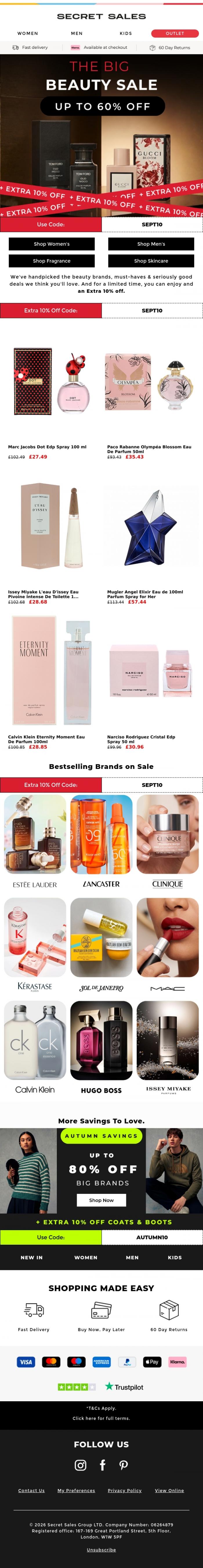Email Design Inspiration from Secret Sales, Extra 10% Off Your Next Beauty Restock