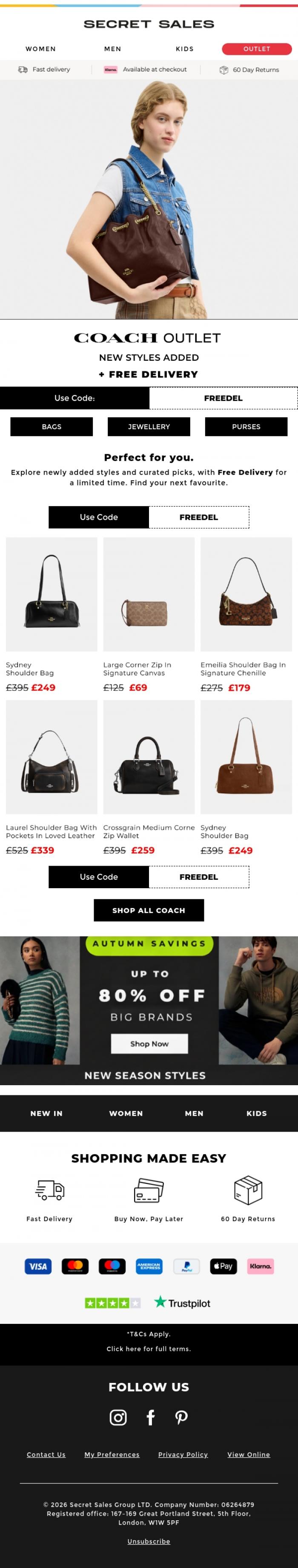 Email Design Inspiration from Secret Sales, Treat Yourself to COACH - Free Delivery Awaits