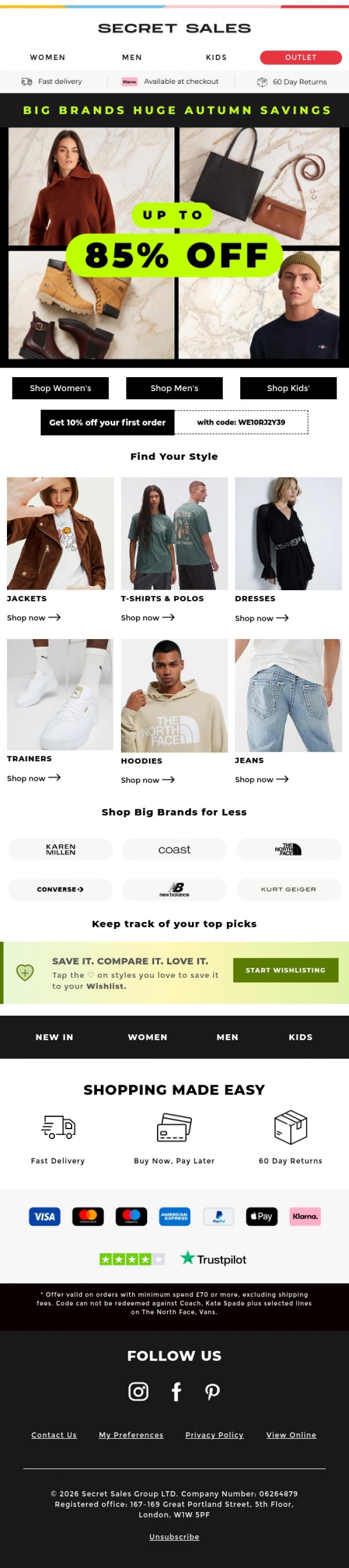 Email Design Inspiration from Secret Sales, 85% OFF just landed 💥 (+ your 10% welcome code!)