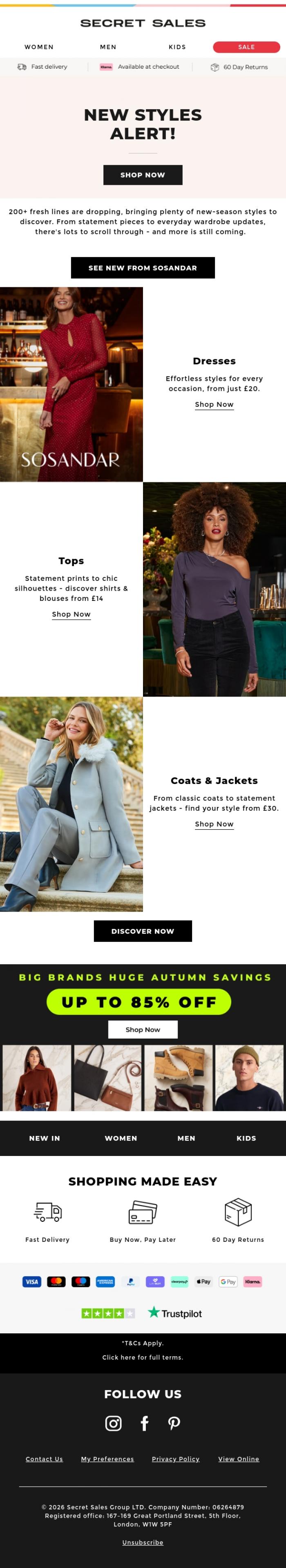 Email Design Inspiration from Secret Sales, Fresh Drops Are Here! Discover Sosandar's New Styles