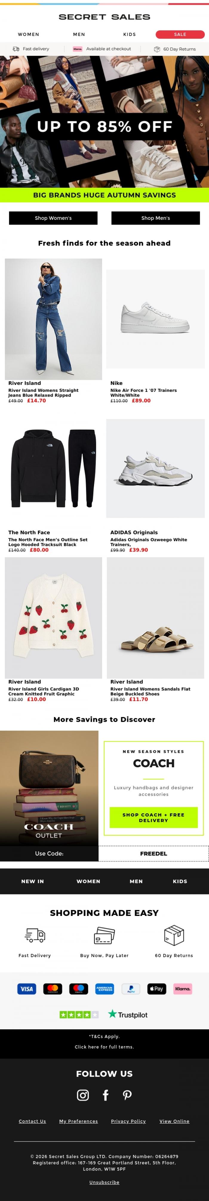 Email Design Inspiration from Secret Sales, Up to 85% off? Yes, please. Gucci, The North Face, Nike & more
