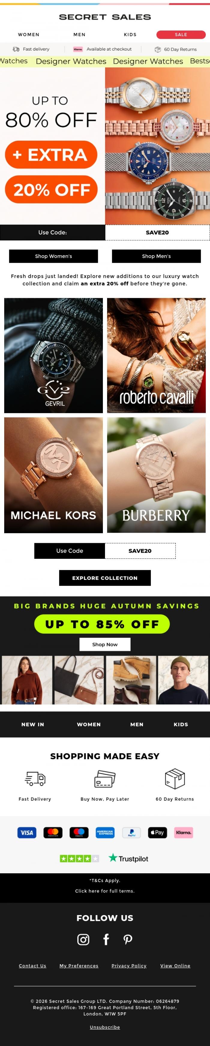 Email Design Inspiration from Secret Sales, Tick Tock: New Designer Watch Styles Added⌚