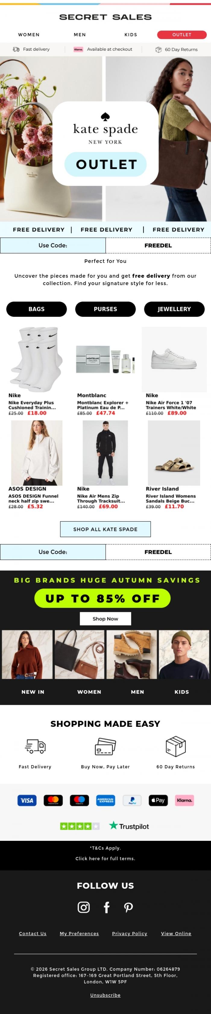Email Design Inspiration from Secret Sales, Free delivery on Kate Spade - explore pieces made for you