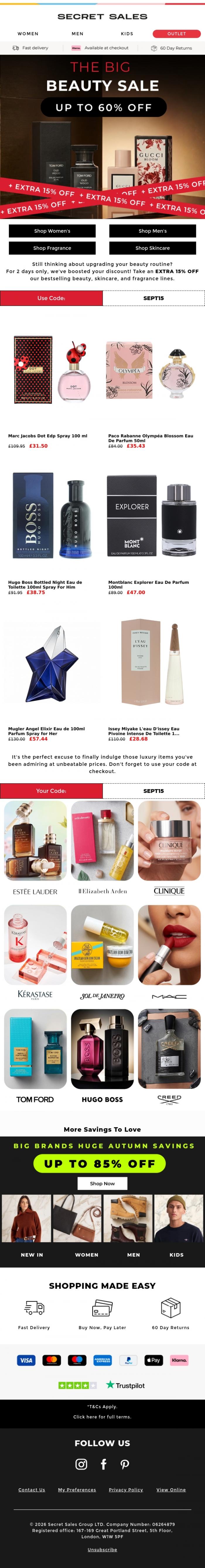 Email Design Inspiration from Secret Sales, Take an extra 15% off! Why wait for the Beauty items you're checking out..