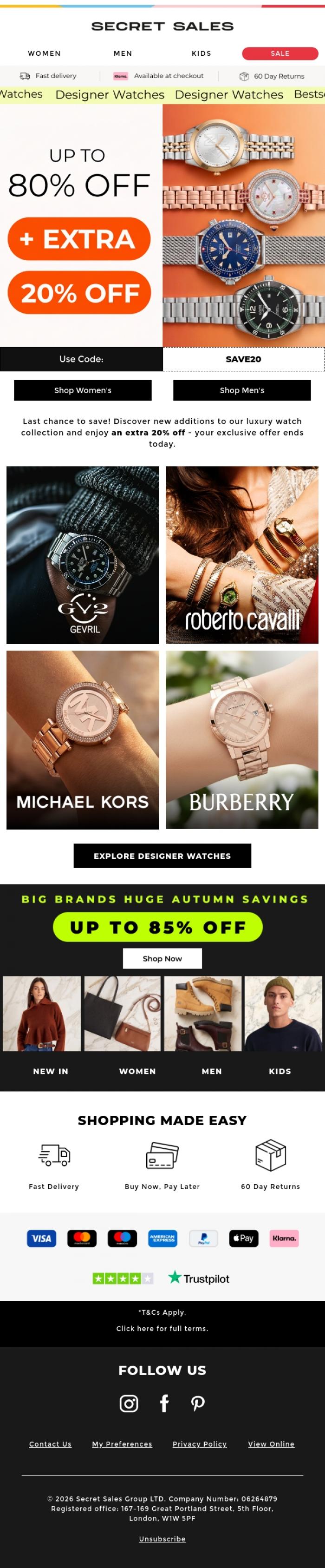 Email Design Inspiration from Secret Sales, Ends Today: Last Call for 20% Off Designer Watches