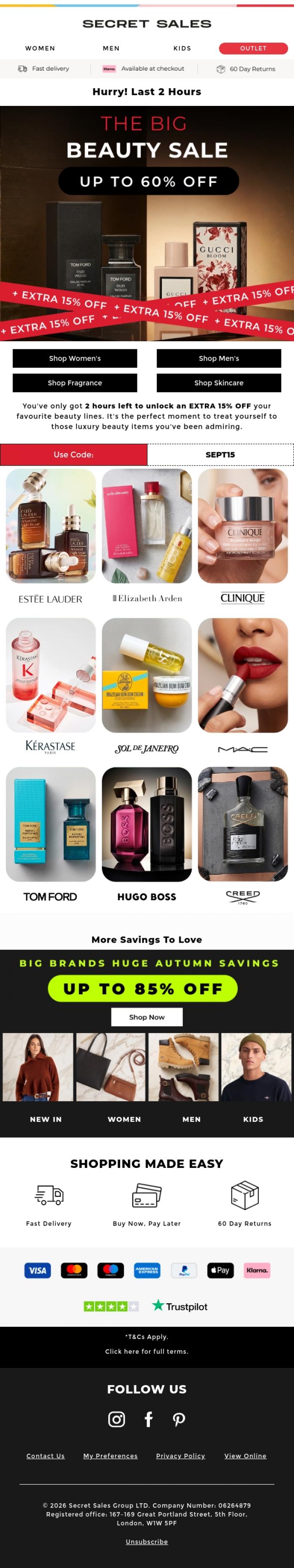 Email Design Inspiration from Secret Sales, Last 2 Hours: Extra 15% off Beauty ⏰